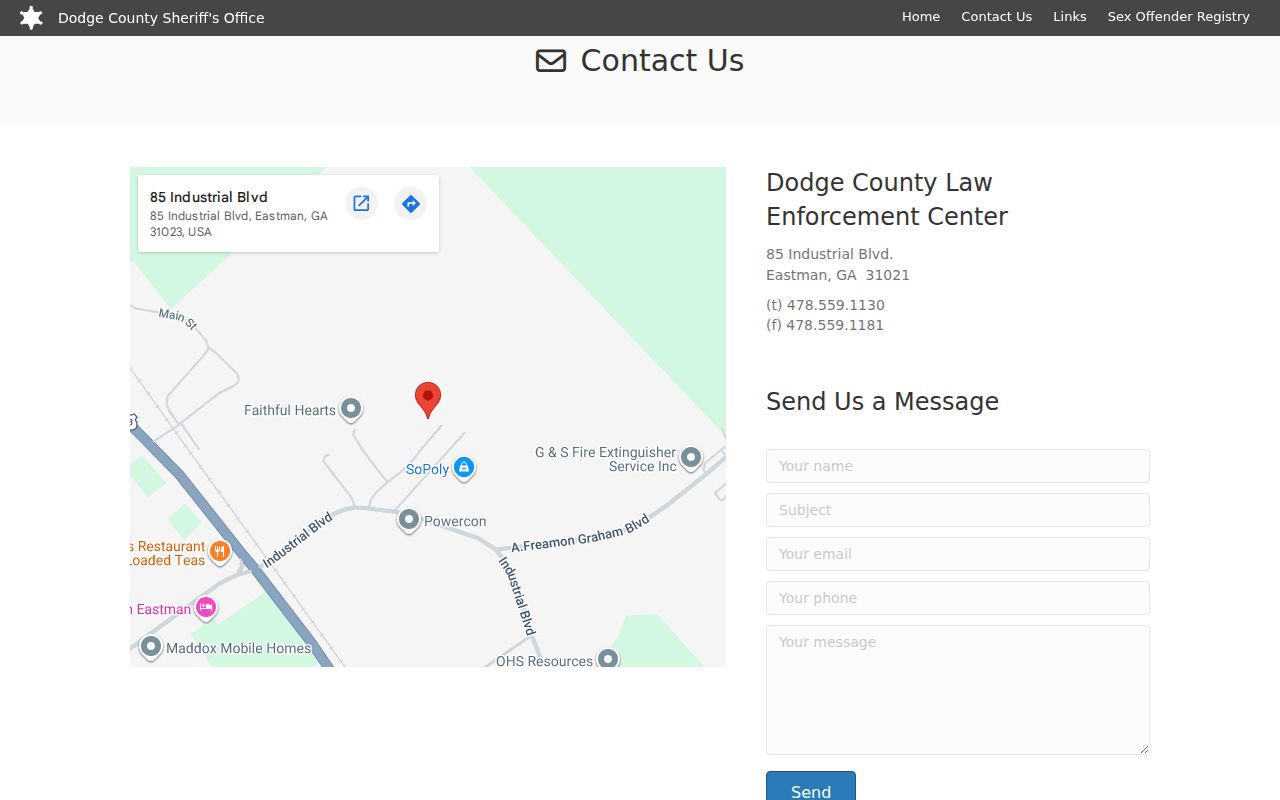 Dodge County warrant check contact form with empty public fields