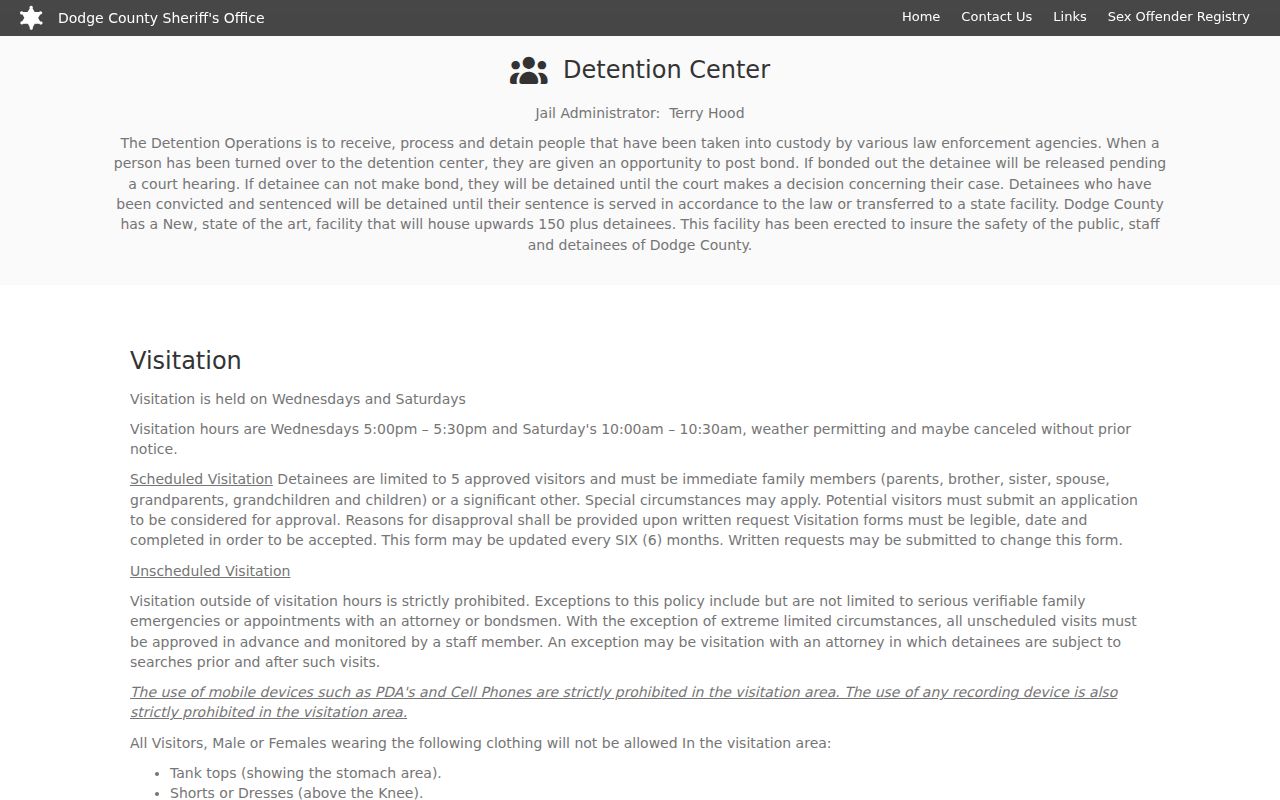 Dodge County warrant records detention visitation and bond instructions